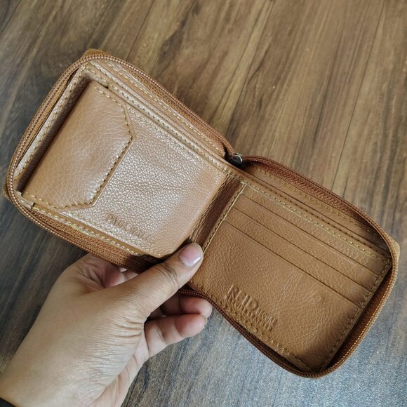 Mens Zipper Bifold Genuine Leather Outside ID Window Card Zip Around Wallet - Picture 3 of 8